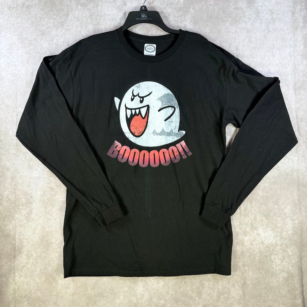 Nintendo Boo Graphic T-Shirt Mens Large Black Long Sleeve Super Mario Ghost Tee